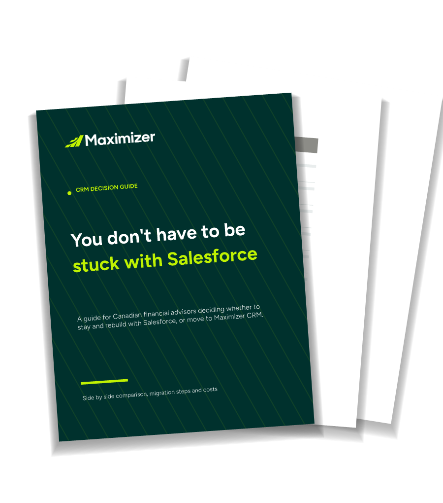 Cover of the Maximizer CRM vs Salesforce guide, with a side by side comparison page behind it